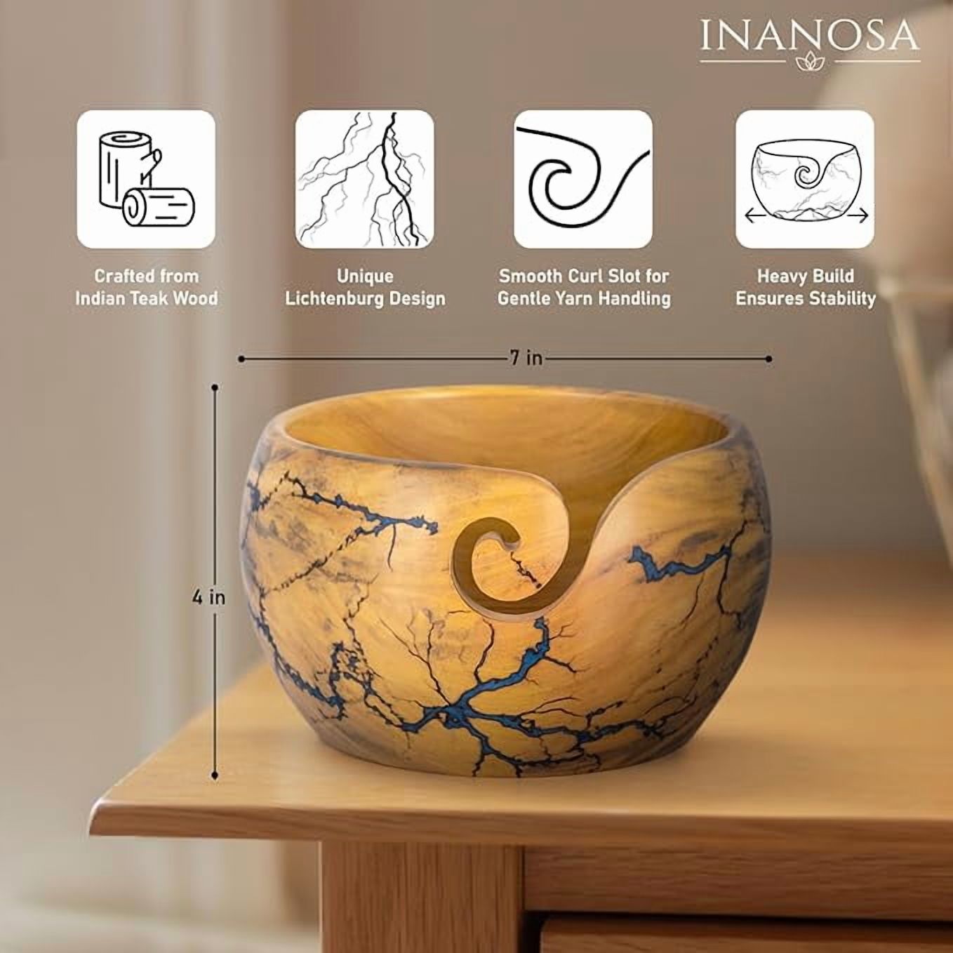 Wooden Yarn Bowl for Crocheting Large 7X4 Inch Extra Large, Cute Crochet Hooks of 5 & 6 mm with Knitting Bowl for Yarn, Best Gift for Crochet Lovers from Craft Supplier Brand INANOSA with Velvet Bag