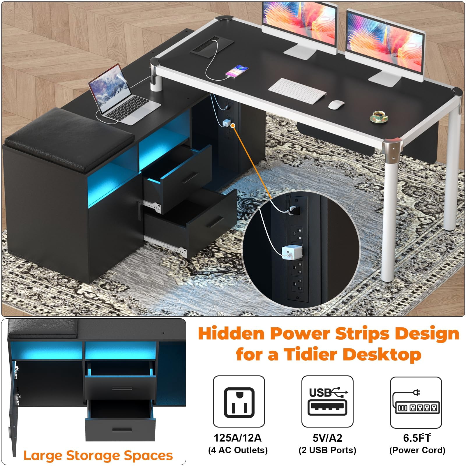 Homieasy L Shaped Desk with File Cabinet and Power Strip, Reversible Corner Office Desk with LED Lights, Large L-Shaped Computer Desk with Drawers for Home Office, Soft Cushion, Black
