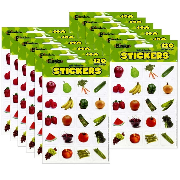 Eureka Fruits & Vegetables Theme Stickers, 120 Per Pack, 12 Packs