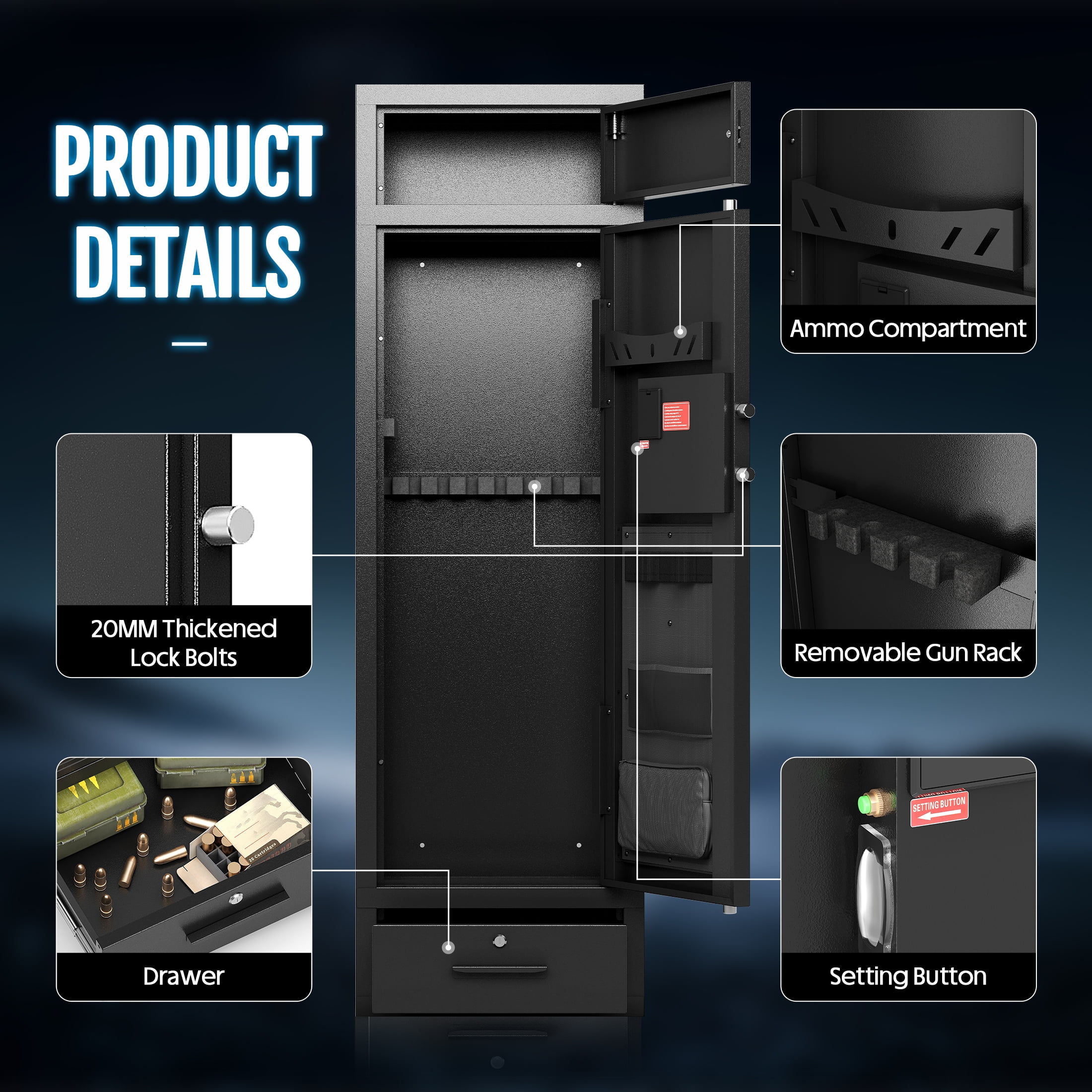 KAER 8-10 Gun Safe, Large Unassembled Rifle Safe for Home, Gun Cabinet with Adjustable Rifle Rack and Drawer
