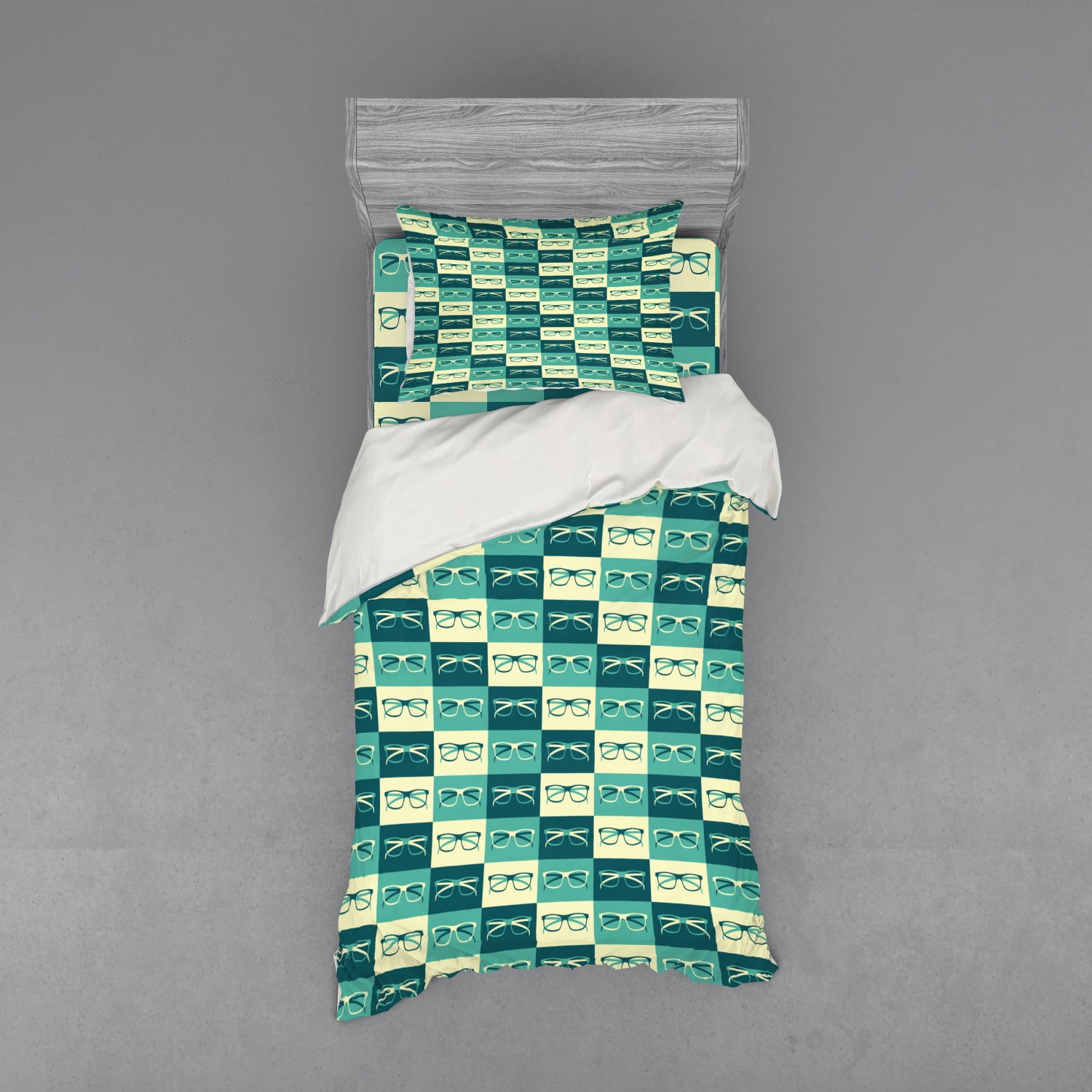 Indie Duvet Cover Set, Pattern with Eyeglasses in Vintage Style Hipster