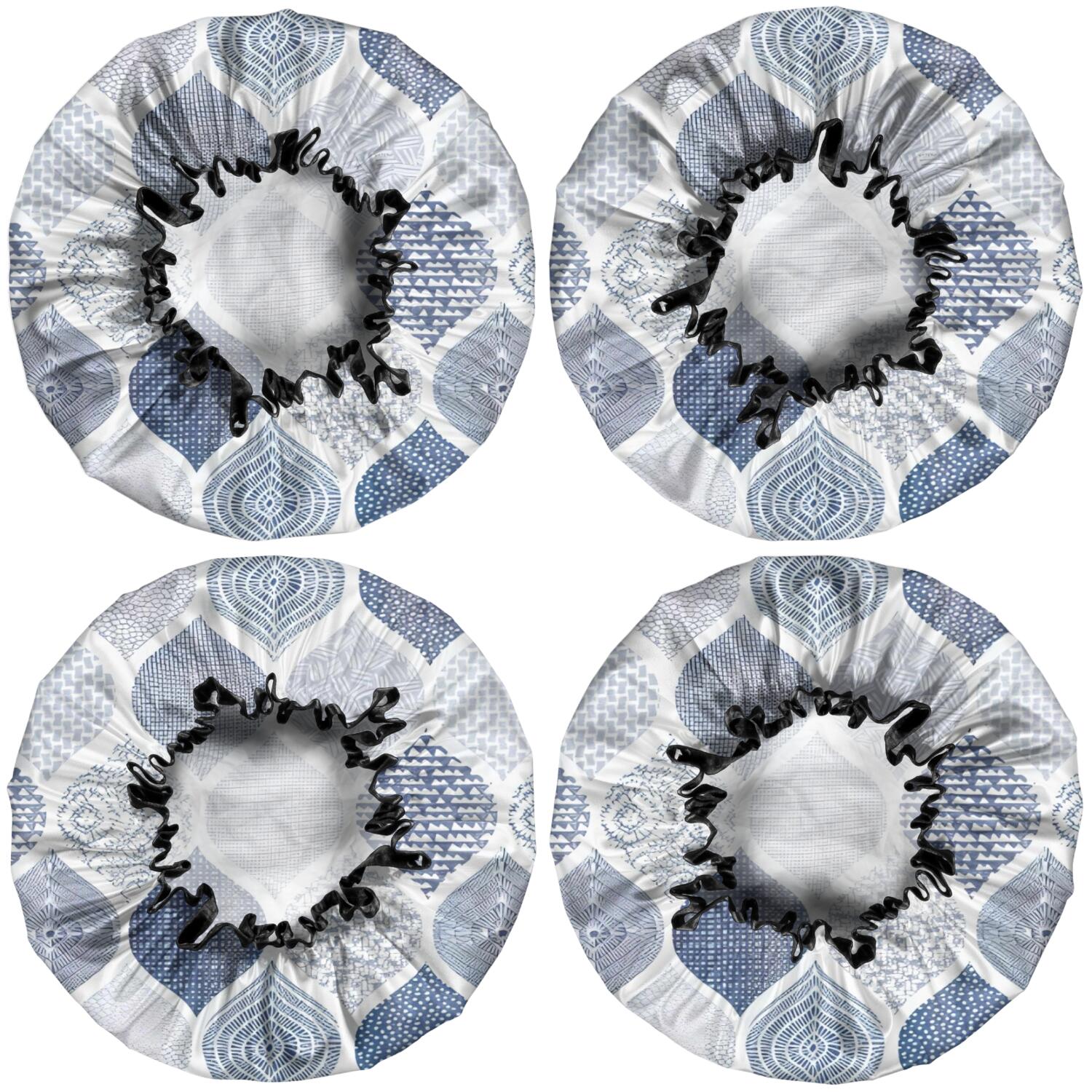 Shower Caps,Blue and White Geometric Quatrefoil Pattern Waterproof Shower Cap for Women 4 Pieces,Double Reusable Hair Cover for Shower PEVA Elastic Stretch Hem