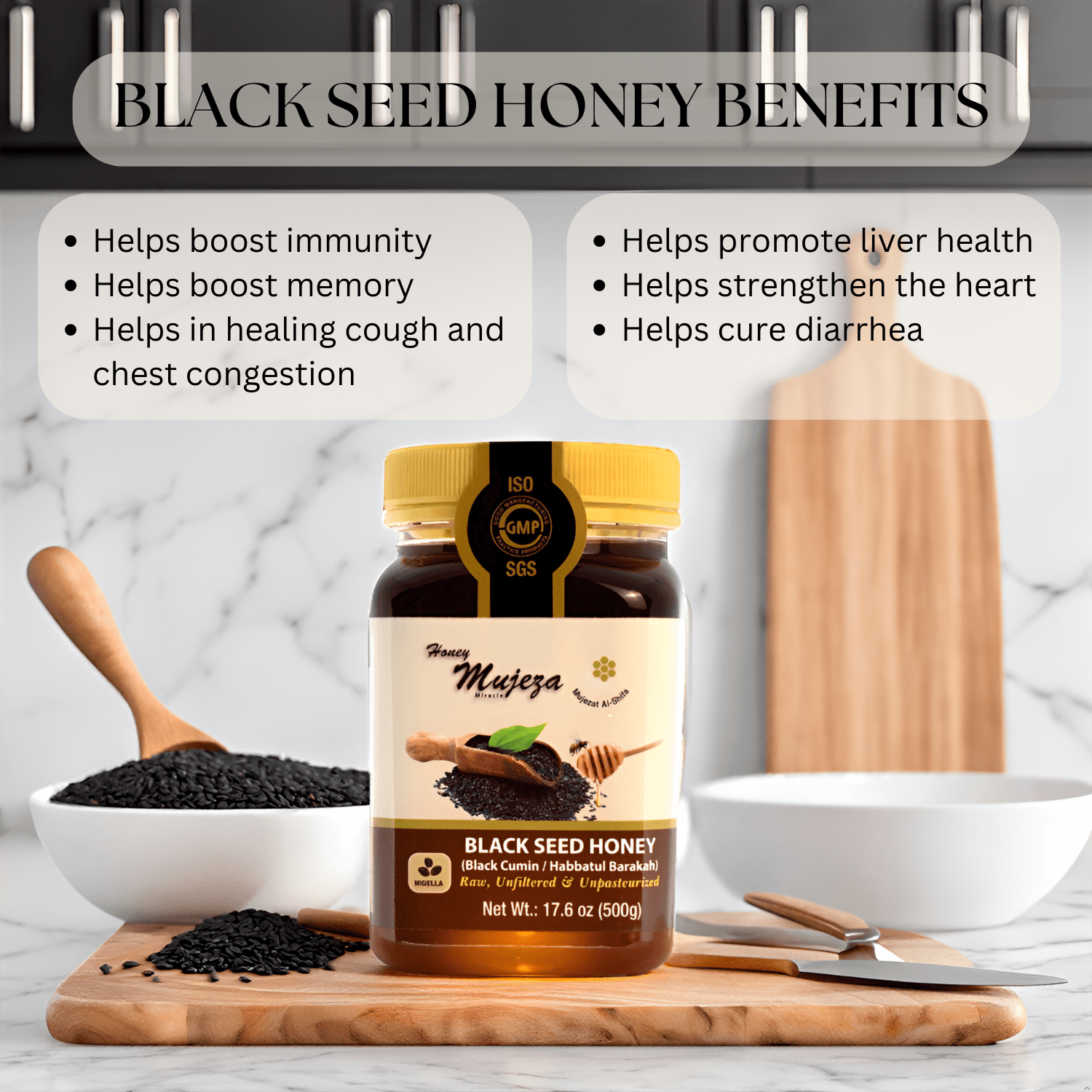 Mujeza Raw Black Seed Honey - (Black Cumin- Nigella Seeds) Not Mixed with Black Seed Oil or Powder - Gluten Free - Non-GMO - Unfiltered - Unprocessed - 100% Natural Honey 500g/17.6oz
