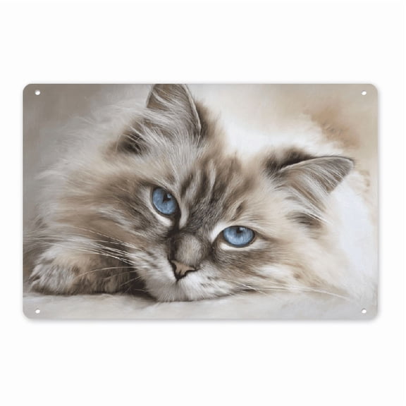 2D Flat, 1pc Framed Ragdoll Cat Canvas Art - 12x8in Modern Wall Decor Wooden Frame Sign, Realistic White Gray Cat Portrait Featuring Blue Eyes, High-Resolution Print for Living Room, Office, Cafe.