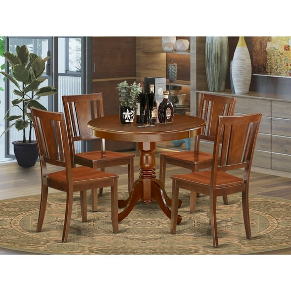 5Pc Dining Set - 36" Round Table & 4 Wood Chairs - Eclectic Style