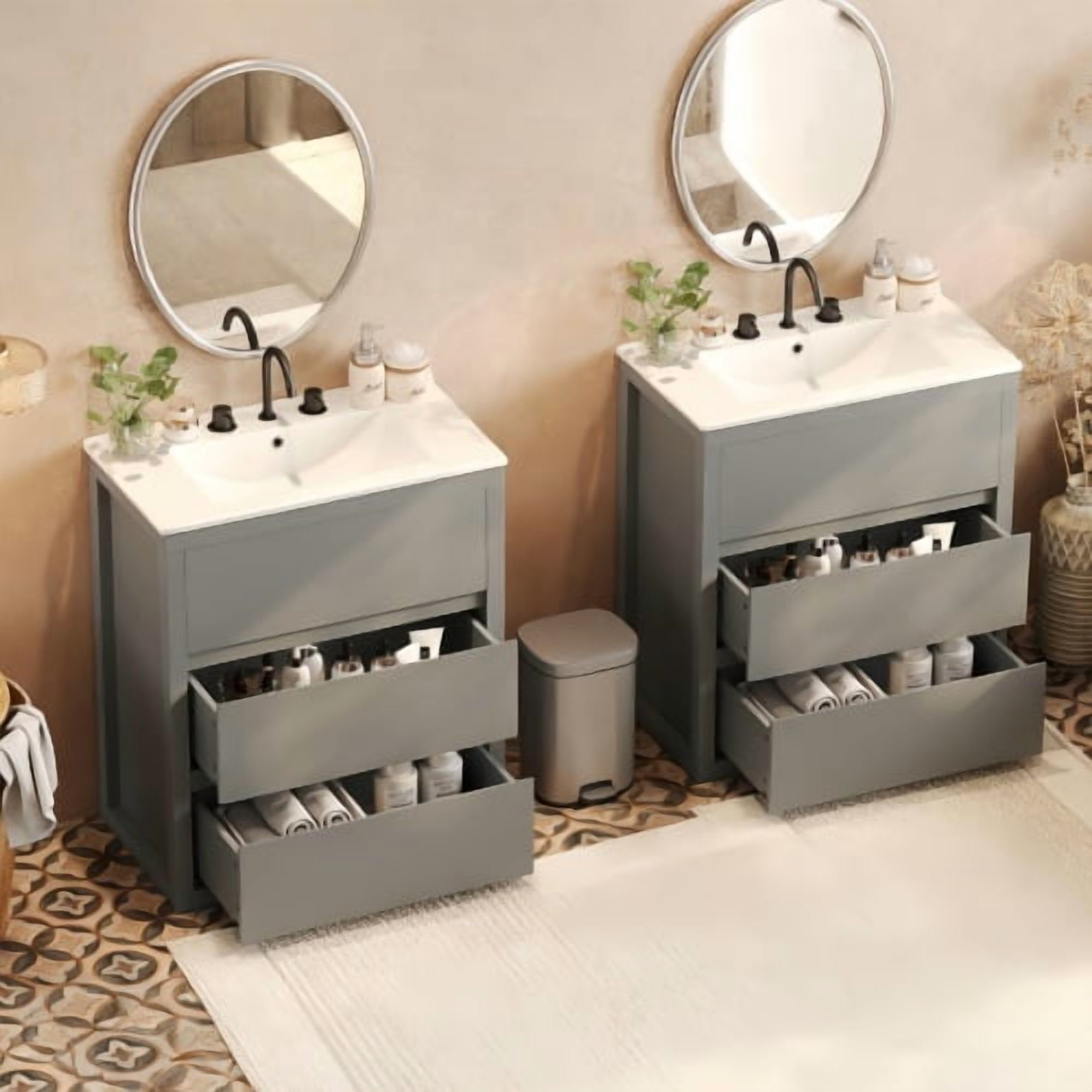 60 inch Double Sink Bathroom Vanity Set, Two Separate Ceramic Sinks Vanity, Modern Bathroom Cabinet with Soft Close Drawers, Gray