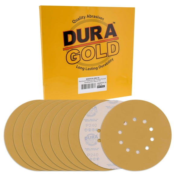 Dura-Gold Premium 9" Drywall Sanding Discs - 240 Grit (Box of 10) - 10 Hole Pattern Sandpaper Discs with Hook & Loop Backing, Fast Cutting Aluminum Oxide Abrasive - For Drywall Power Sander