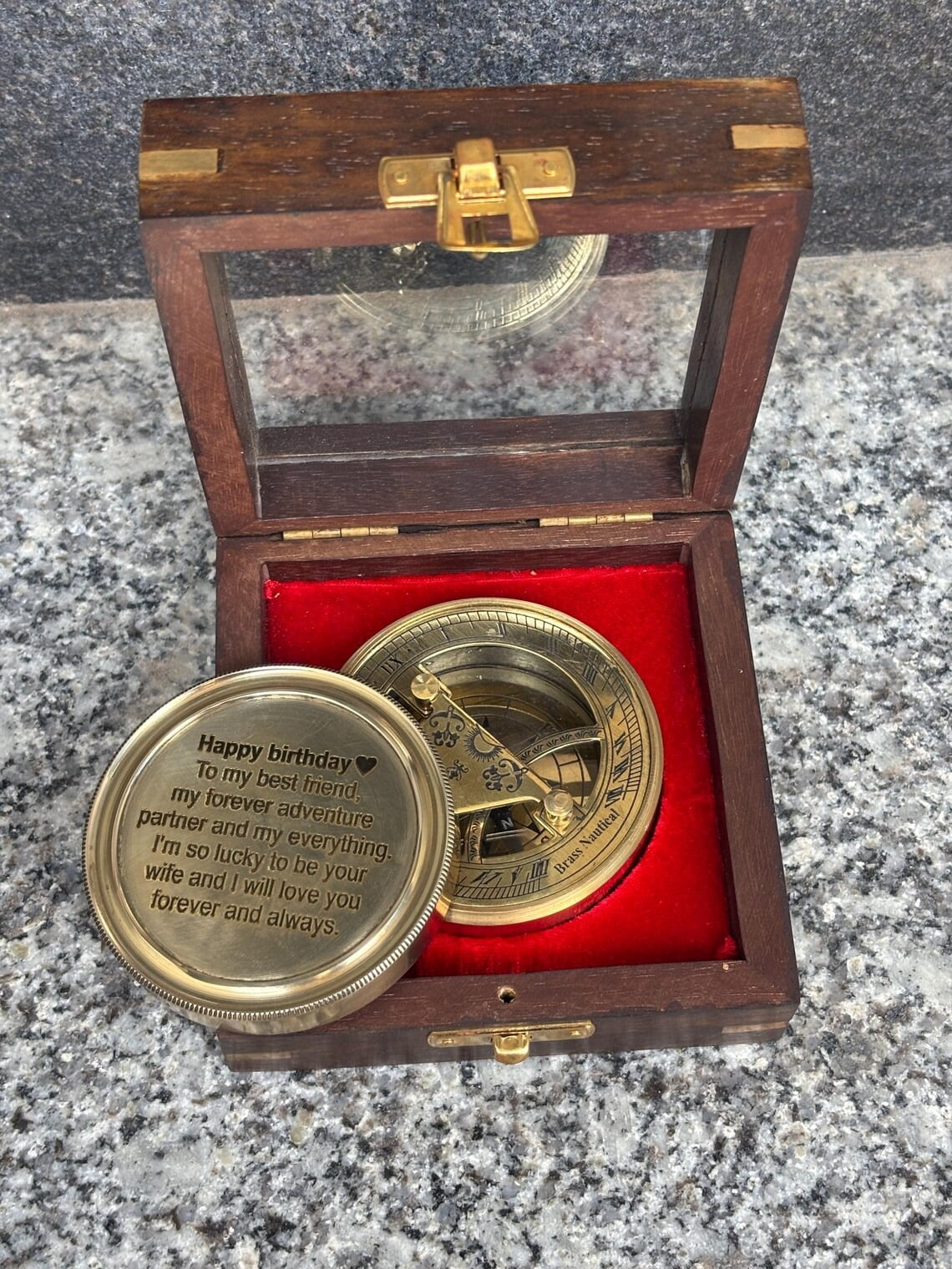 Brass Compass with Wooden Box Engraved Compass Personalized Gift for Husband Boyfriend | Nautical Decor Birthday Anniversary Gift