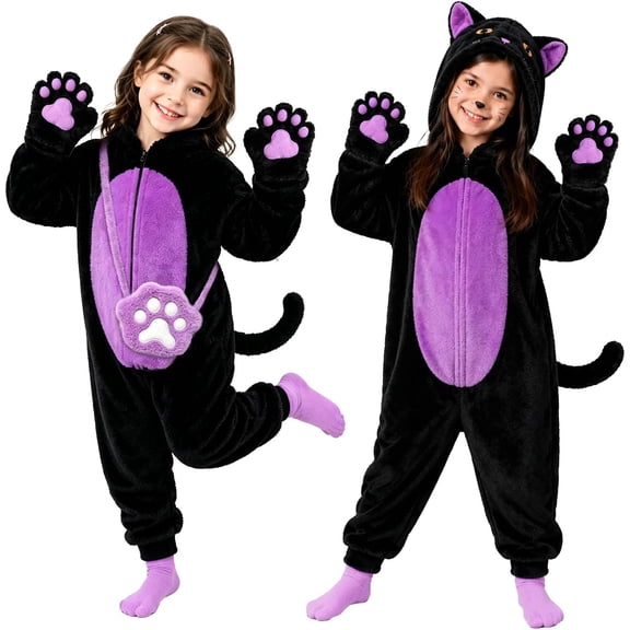 G'irls Black Cat Costume Onesie with Paw Bag - Plush Black & Purple Animal Role Play Jumpsuit, Warm Halloween Cosplay Dress Up for Kids