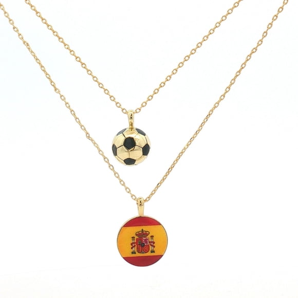 Cyra | Collar Doble para Mujer con Dije de Bandera de España y balón Fabricado en Chapa de Oro y esmaltado, Color Dorado