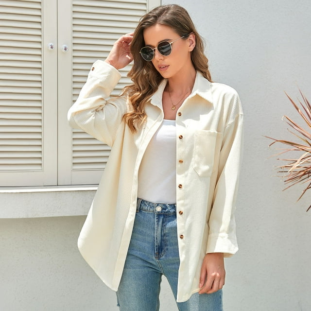 Chemise en Velours Côtelé à Manches Longues pour Femmes, Boutonnée, Col à Revers, Décontractée, Couleur Unie, Veste Surdimensionnée