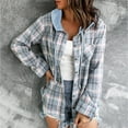 thumbnail image 2 of Juebong Womens Button Down Plaid Shirts Long Sleeve Flannel Hooded Shacket Jacket Drawstring Lightweight Hoodie Coats with Pockets Blue,S, 2 of 7