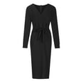 thumbnail image 3 of VSSSJ Women Plus Size Long Sleeve Belted Elegant Dresses Sexy V Neck Wrap Pure Color Split Party Cocktail Bodycon Midi Long Dress Black XXXXXL, 3 of 5