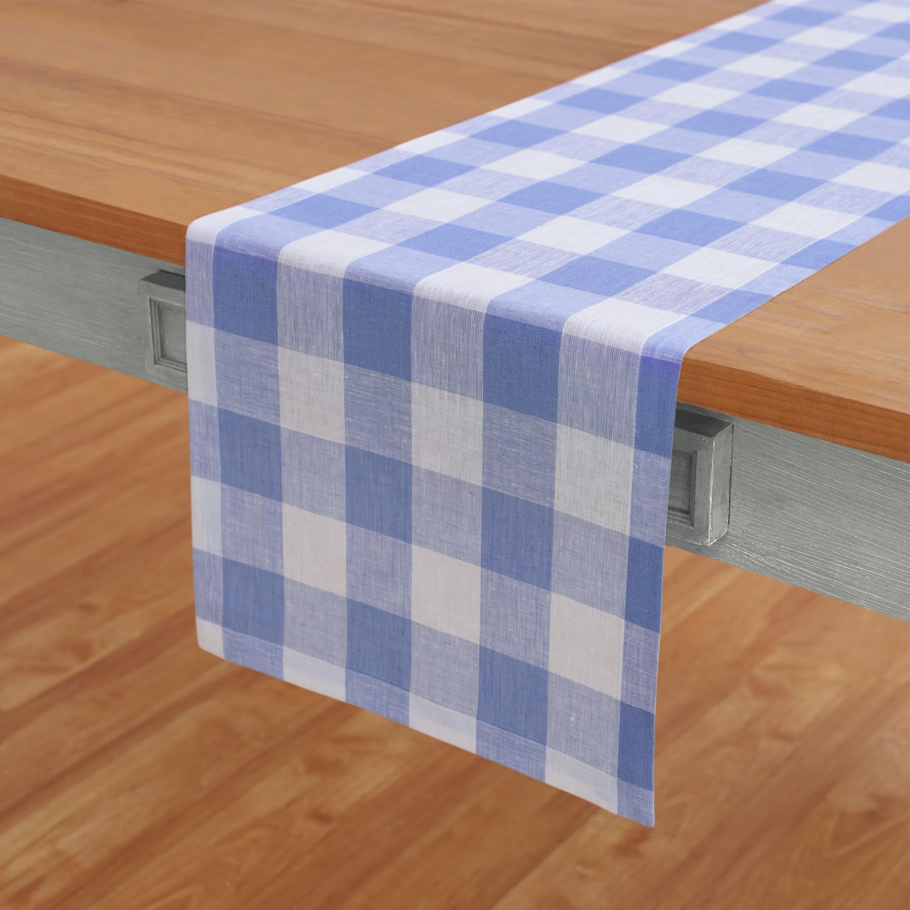 Linen Checkered Table Runners 72 Inches Long - 100% Pure Linen Hydrangea Blue Buffalo Plaid Table Runner 14 x 72 Inch Ideal for Dresser, Dining