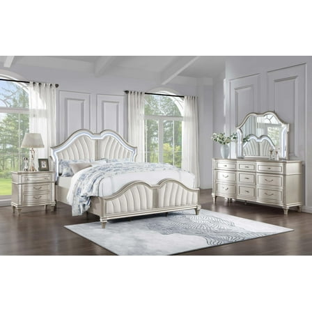 Evangeline 5-piece Upholstered Platform California King Bedroom Set Ivory and Silver Oak
