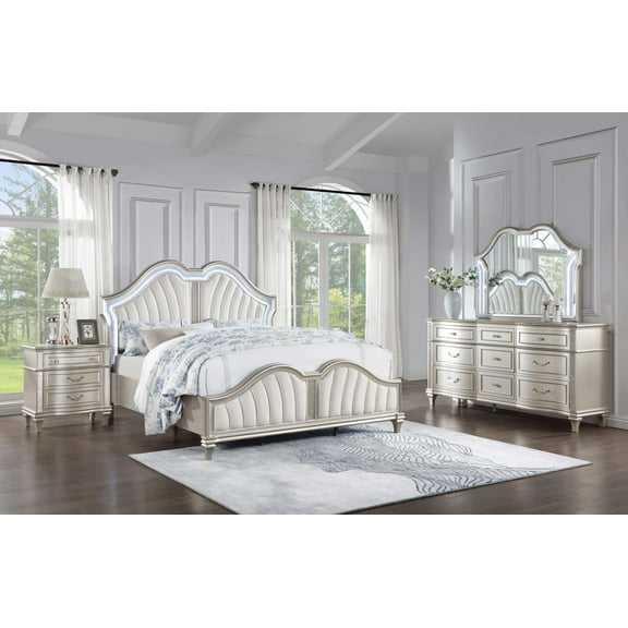 Evangeline 5-piece Upholstered Platform Eastern King Bedroom Set Ivory and Silver Oak