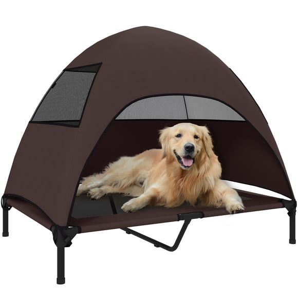 PawHut Lit pour Chien Surélevé d'Extérieur avec Auvent Lit pour Chien Surélevé Café