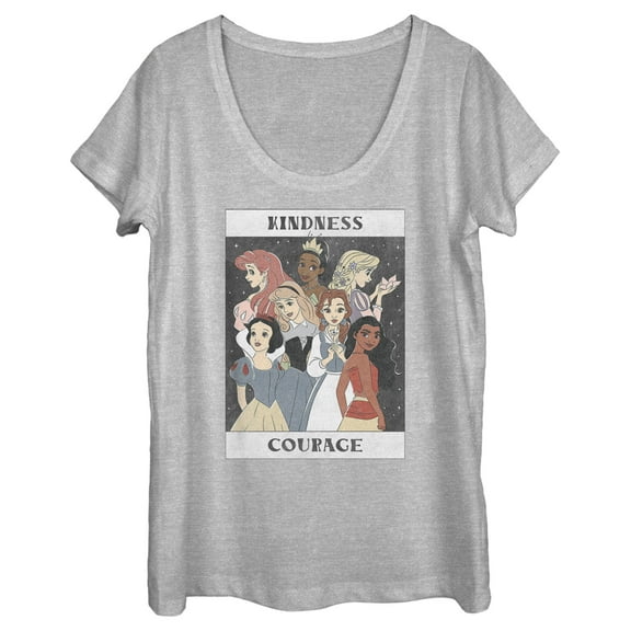 Women's Disney Princesses Kindness and Courage Poster Scoop Neck Athletic Heather Medium