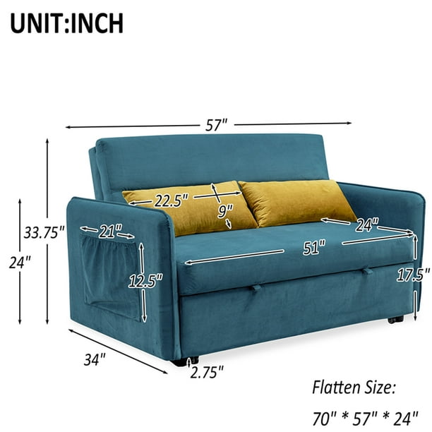 Fuld Van Diskant Convertible Sofa Bed, 57" Velvet Sofa Bed with Pull-Out Sleeper Bed Modern  Loveseat Couch with 2 Pillows and Adjustable Backrest Folding Futon Sleeper  with 2 Big Side Pockets for Living Room, Blue -