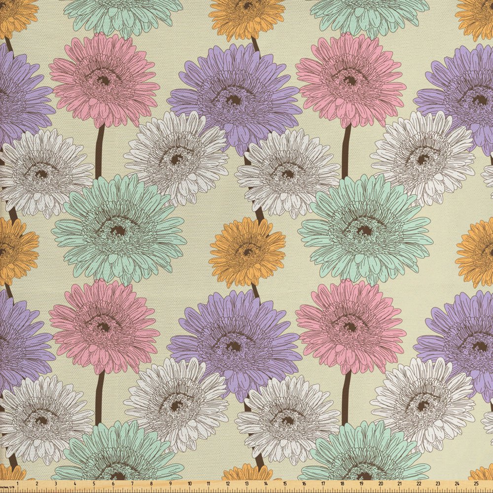 Colorful Fabric by the Yard, Gerbera Daisy Arrangement with Vintage
