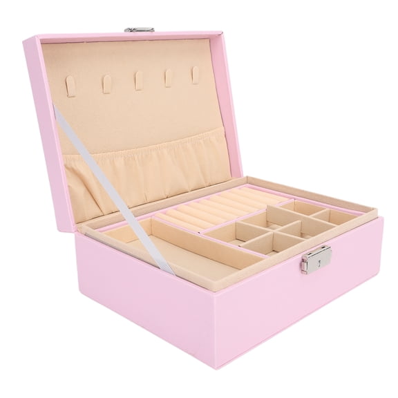 BIMZUC Pink Double Layer Jewelry Box Organizer for Women Soft PU Leather Storage Case with Lock and Key for Necklaces Bracelets Earrings Rings Premium Keepsake Display Gift 9.06 inches / 23 cm