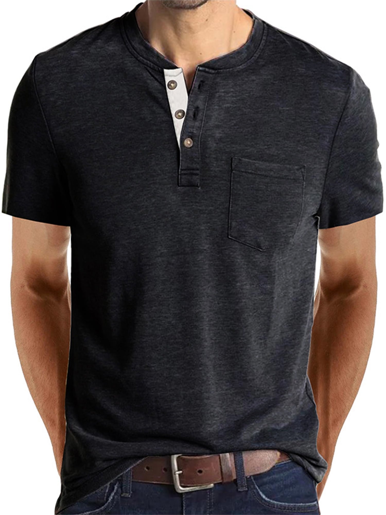 Men Summer Short Sleeve T Shirts Slim Fits Casual Solid Color V Neck Pocket Top Blouse Shirts 