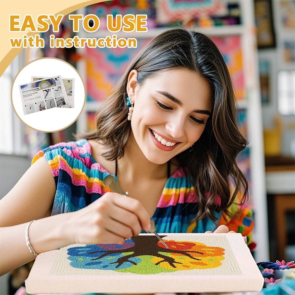 Polyester Cotton Punch Needle 4Folded Yarns Embroidery Kits Included Threader Cotton Thread Punch Needle Thread Clips 3.5MM Wooden Needle Tree
