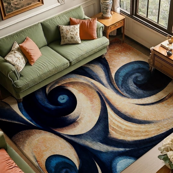 SPXUBZ Abstract Ocean Wave Velvet Area Rug, Modern Blue Swirl Pattern Rectangle Floor Carpet, Soft Plush Non Slip Rug for Living Room Bedroom Decor 47.2"×31.5"