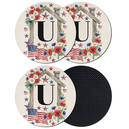 Independence Day Coasters Set of 4 Absorbent Coasters for Drinks Letter U Monogram USA Star Stripes Flag Coaster for Desk Coffee Table Protection Home Decor House Warming Gifts 4