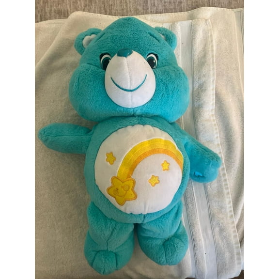 Care Bear Wish Bear 2016 Plush Teal Blue with Yellow Star and Rainbow 18” (BONUS 1 FUN CHOPS)