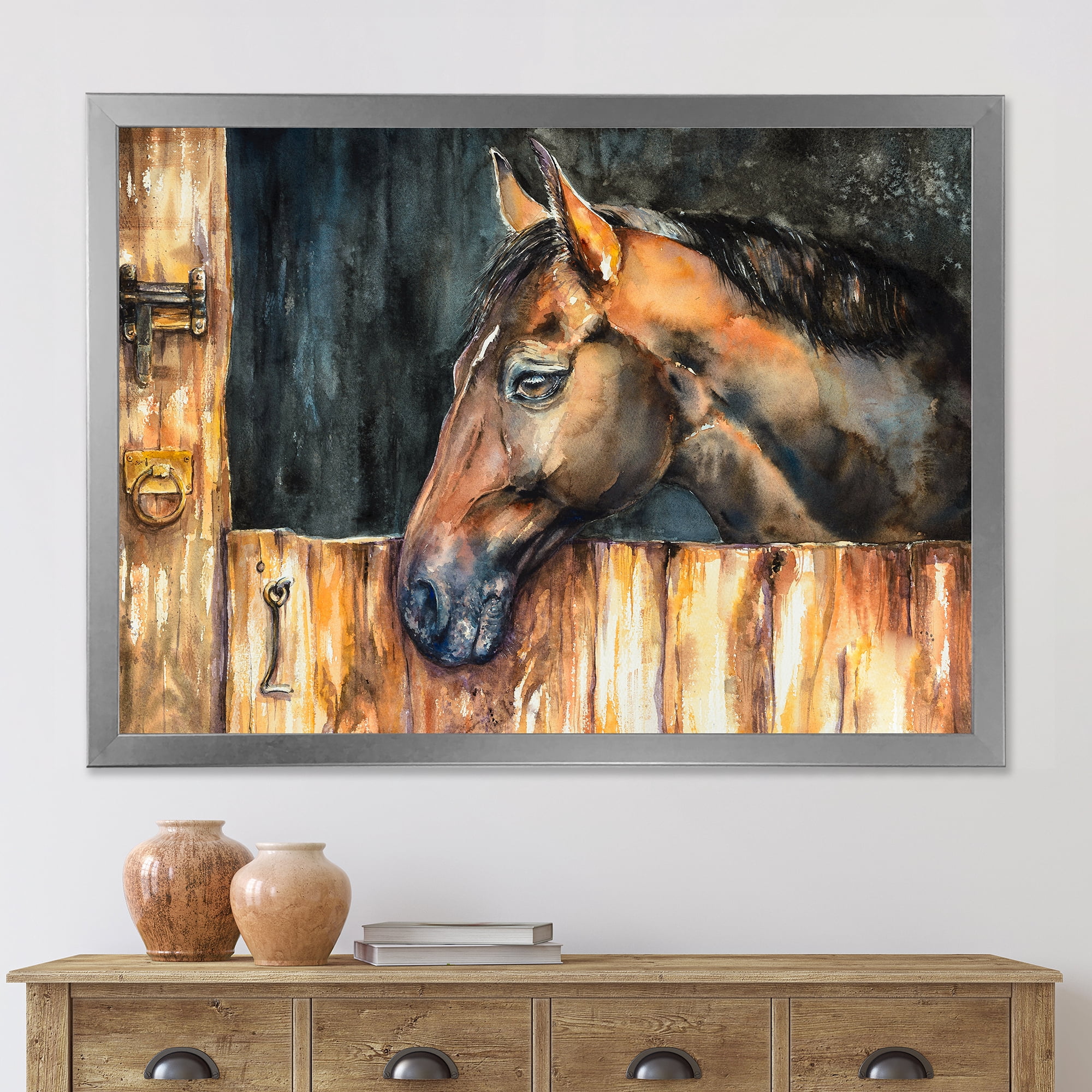 Designart 'Close Up Of The Head of A Horse In Stable' Farmhouse Framed Art Print