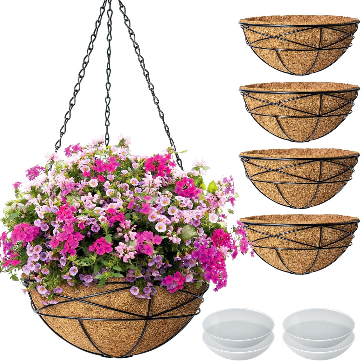 2 Pack 16 Inch Hanging Planters for Outdoor Plants Metal Wire Flower Baskets with Coco Liner & Plastic Saucer Large Deep Hanging Plant Pots for Porch Balcony Garden Décor