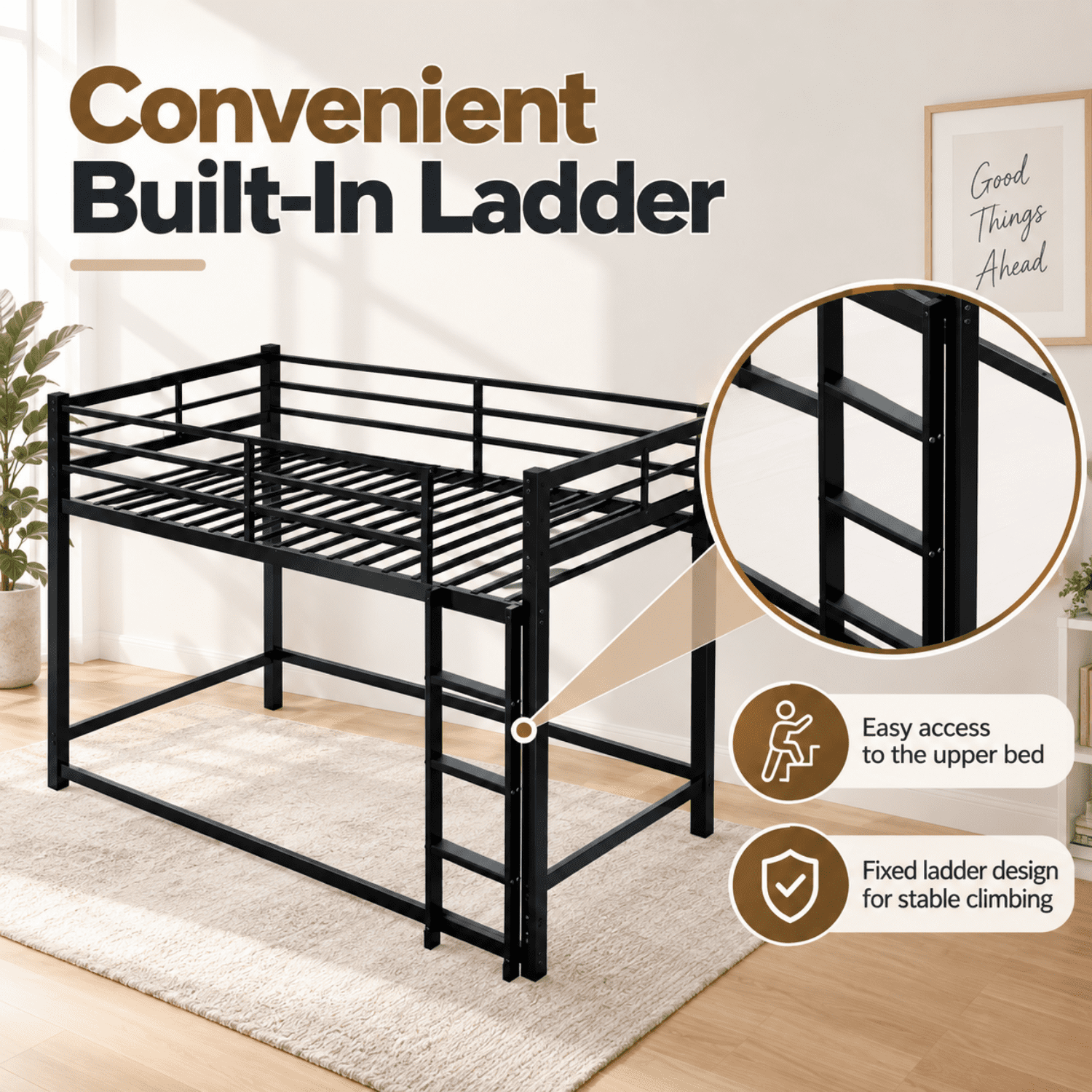 Miniyam Twin Over Twin Metal Bunk Bed with Full-Length Guardrails and Built-In Ladder, Black