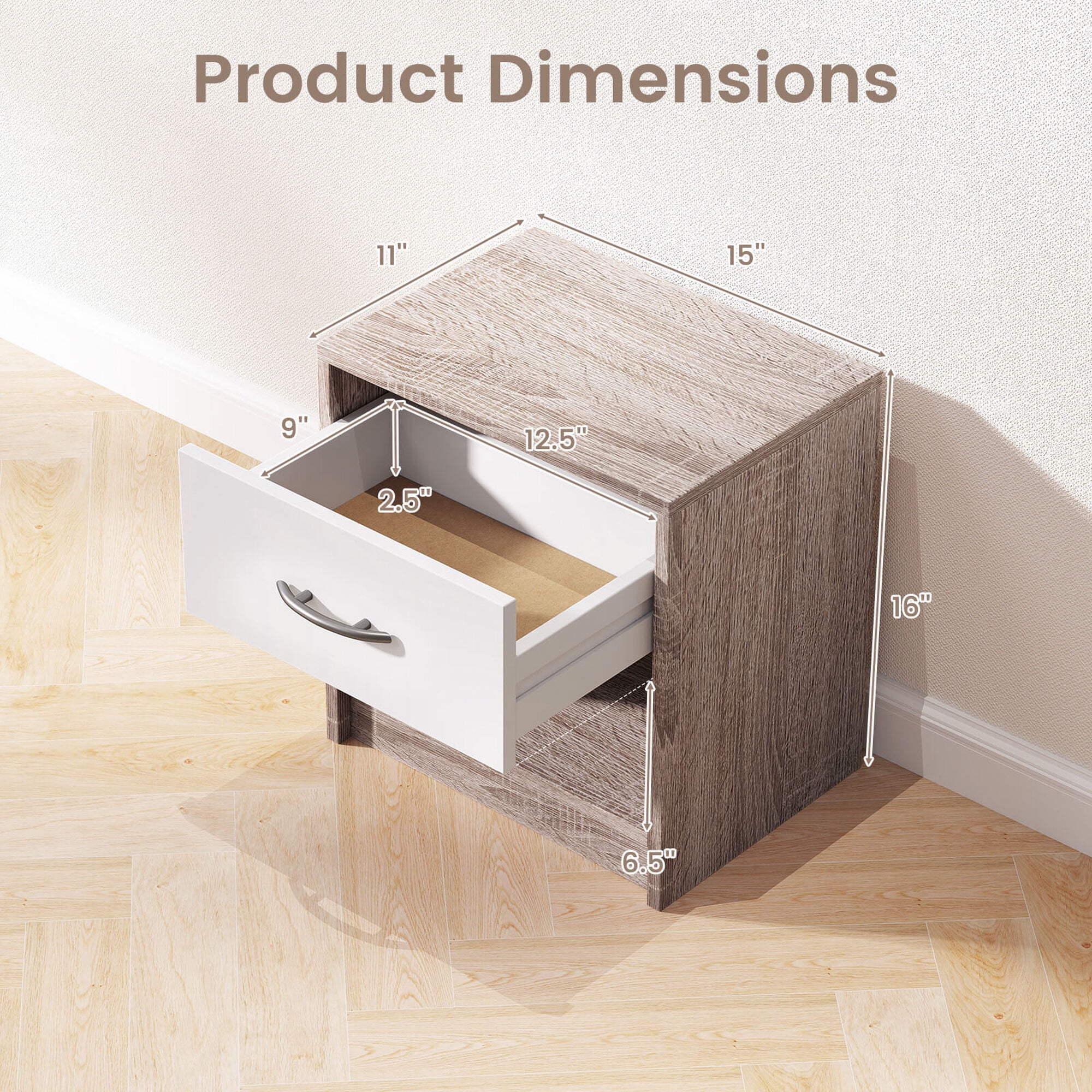 Costway Modern Nightstand Bedside Table with Drawer Open Storage Shelf for Small Spaces Light Gray