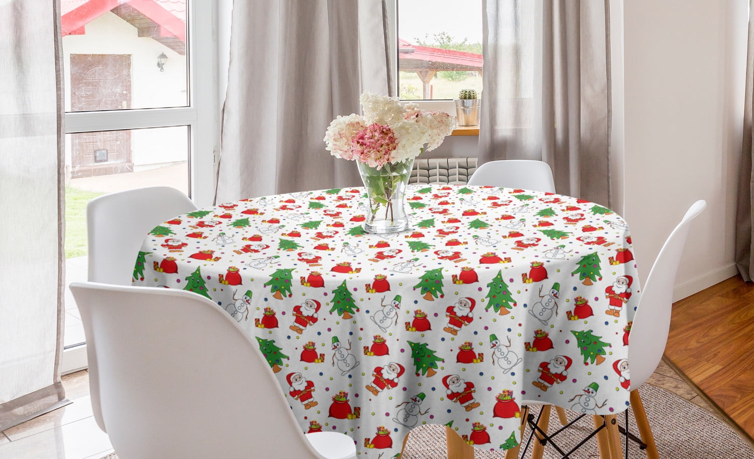 Christmas Round Tablecloth, Xmas Santa Claus Tree on Colorful Polka Dot ...