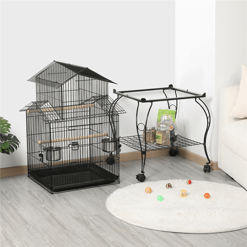 Renwick 55'' Metal Rolling Bird Cage With Stand, Black