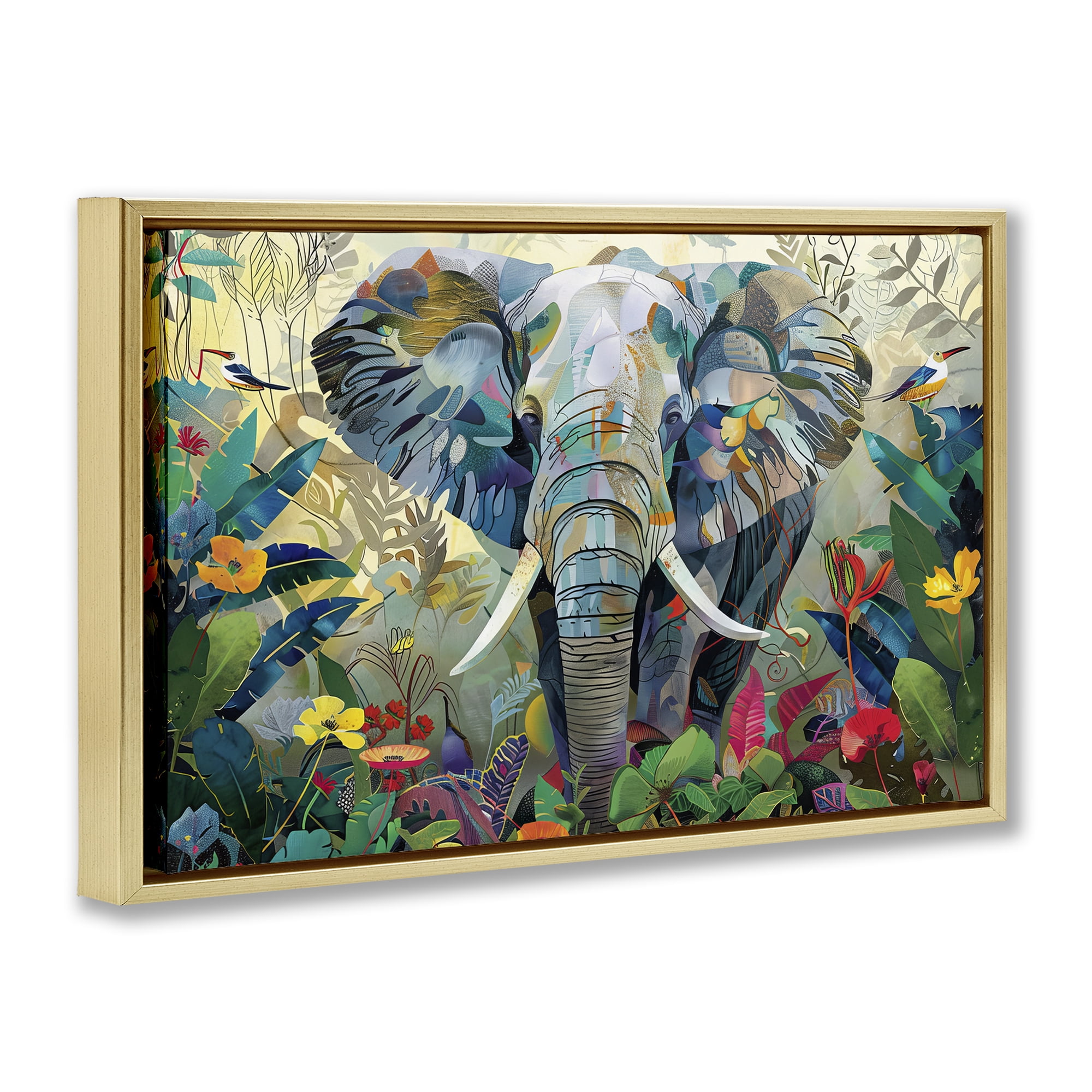 Stupell Industries Elephant's Realm in Tropical Bloom Gold Framed Floater Canvas Wall Art, design by Lazar Studio