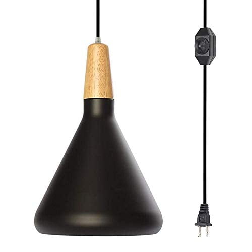 Kiven Mini Hanging 1-Light Black Cone Plug-in Pendant Light - Aluminium and Wood -15FT plug in cord