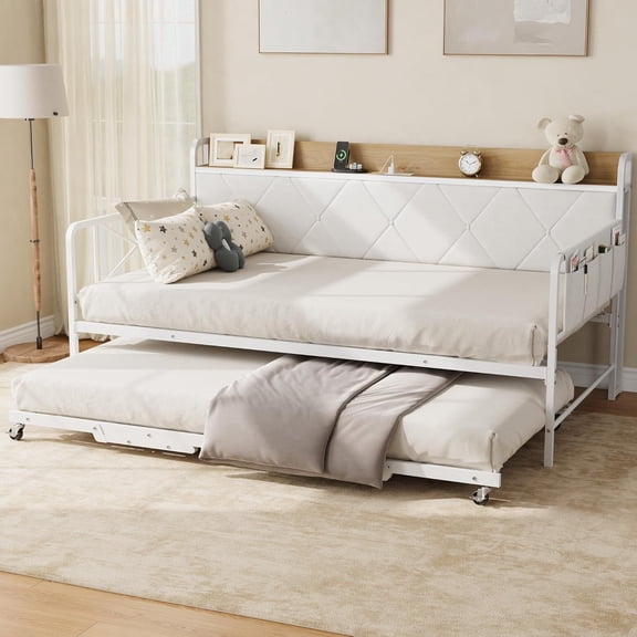 Daybed with Trundle and LED Light, Twin Size Bed Frame with Upholstered Headboard and Charging Station, Metal Frame Sofa Day Bed for Living Room, Bedroom and Guest Room, White