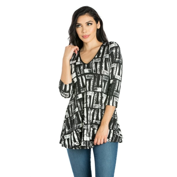 24seven Comfort Apparel Women's Black and White ¾ Sleeve Tunic Top