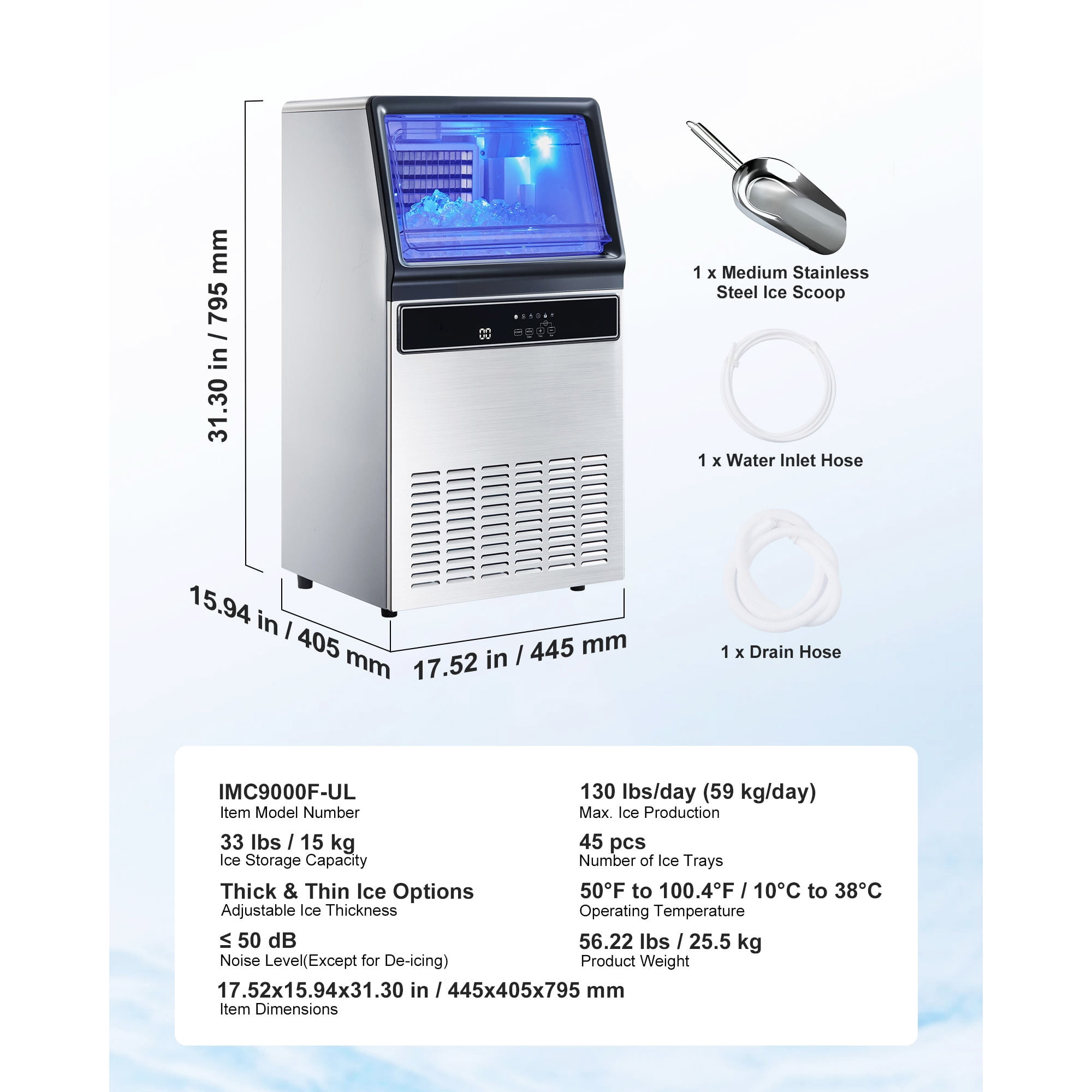KFFKFF Commercial Ice Maker Machine, 130Lbs/24H with 33Lbs Storage, 45 Ice Cubes per Cycle, Stainless Steel Freestanding & Under Counter Ice Maker with LED Display & Self-Cleaning for Home, Bar