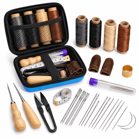 Leather Sewing Kit,Leather Stitching Kit,Leather Working Kit with Leather Needles,Sewing Awl,Waxed Thread,Leather Upholstery Repair Kit,Sewing Tools for Hand Stitching DIY Leather Craft