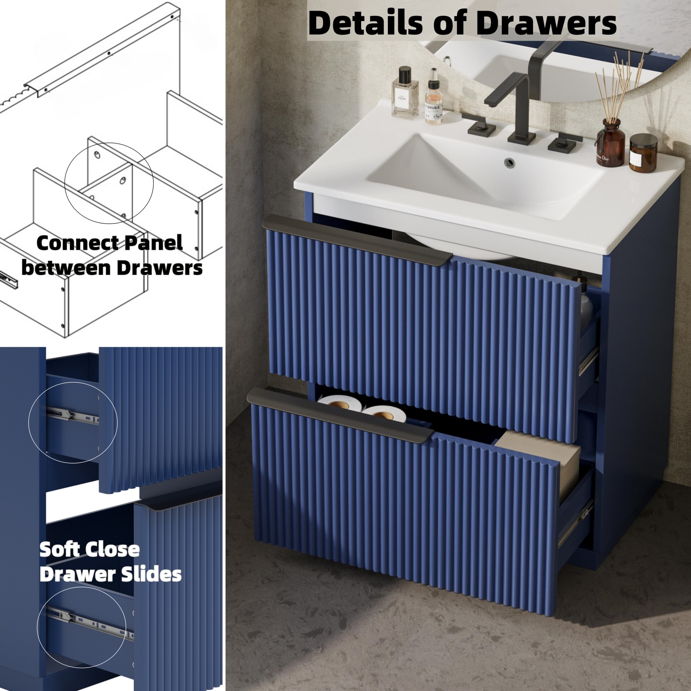 Christopher Knight Home 30" Bathroom Vanity with Sink, Soft-Close Drawers & Fluted Design, Blue