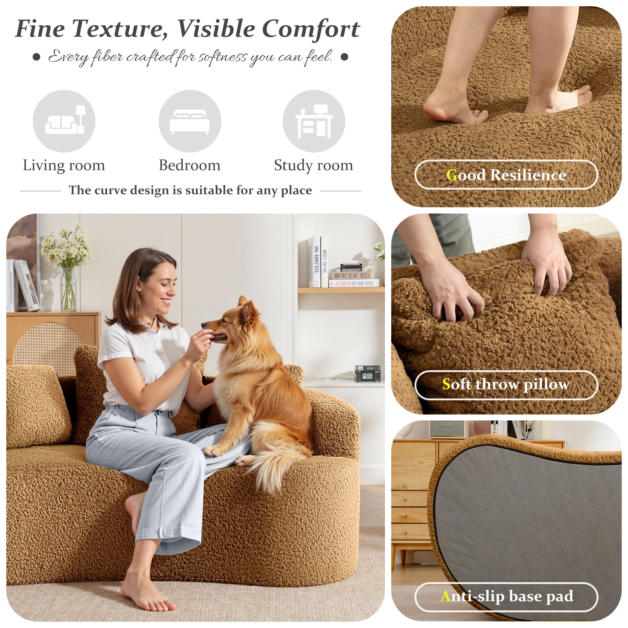 COOLHUT 65" 3 Seater Sofa Couch, Plush Floor Sofa Couch with Cozy Cushions & 3 Pillows, Curved Back Teddy Fabric Sofa for Living Room, Small Space, Brown (Sofa-in-a-Box)