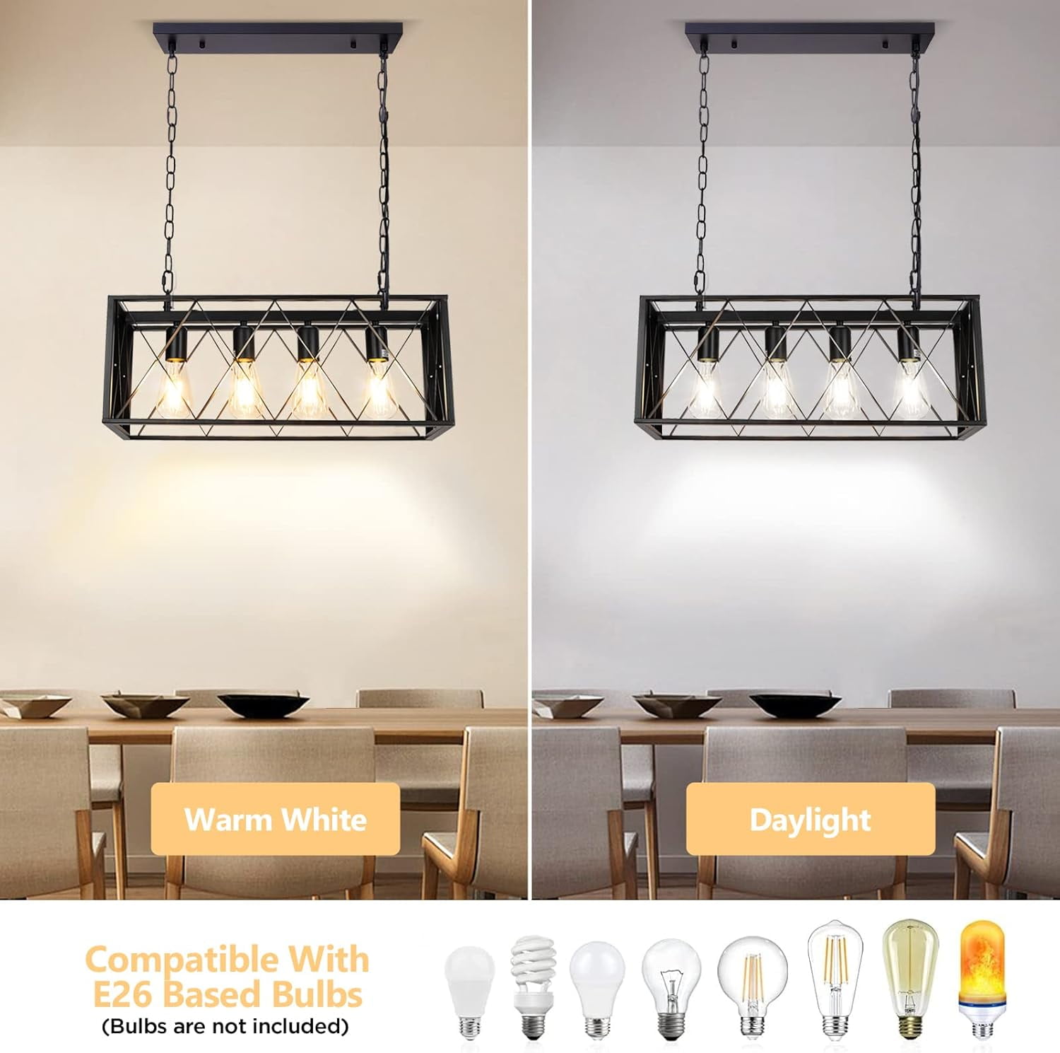 Farmhouse Kitchen Island Lighting Pendant Light Fixture Chandelier 4-Light Rectangular Pendant Lighting for Dining Room Bar Foyer(Height Adjustable)