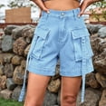 thumbnail image 5 of Women Cargo Denim Shorts - Summer Casual Vintage Loose Button Zipper Shorts Added Light Blue L, 5 of 8
