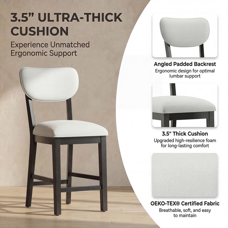 COLAMY Set of 6 Modern Farmhouse Bar Stools, 25.6" Counter Height Solid Wood Upholstered Barstools with Back, Padded Fabric Kitchen Dining Stools, Black