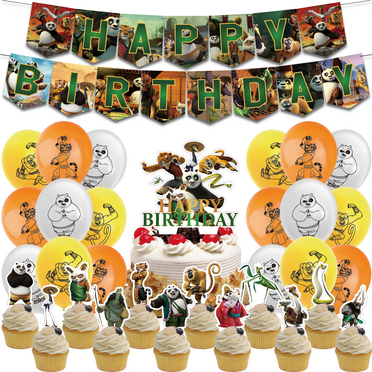 30-Piece For Kung Fu Cartoon-Themed For Panda Party Decoration Set – Includes Banner, Cake Topper, 12 Cupcake Toppers, and 16 Balloons for Festive Celebrations