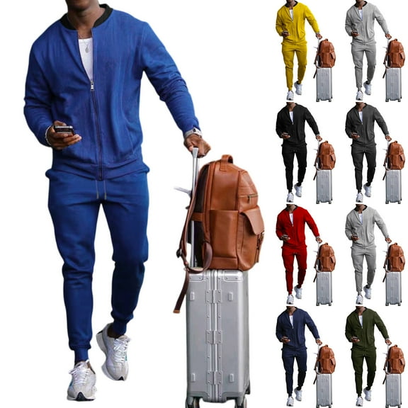 Men's Spring Fall Casual 2-Piece Set, Round Neck Zipper Long Sleeve Jacket and Pants, For Outdoor Sports and Leisure Activities,Army Green,L