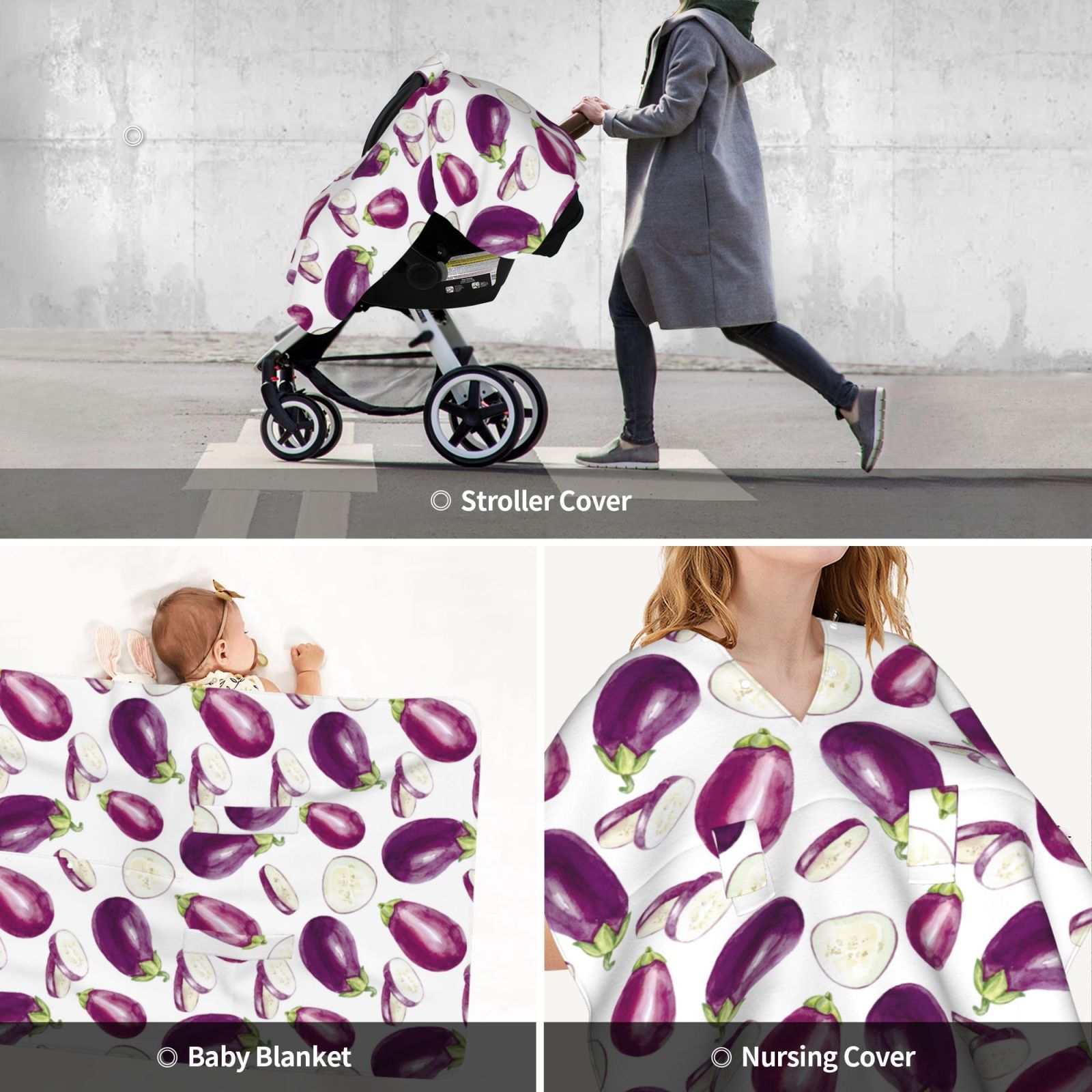 Car Seat Cover Baby - purple Eggplant slices Breathable Infant Car Seat Cover for Baby Carseat, Lightweight Comfort Baby Essentials Must Haves Newborn Stuff for Girl Boy